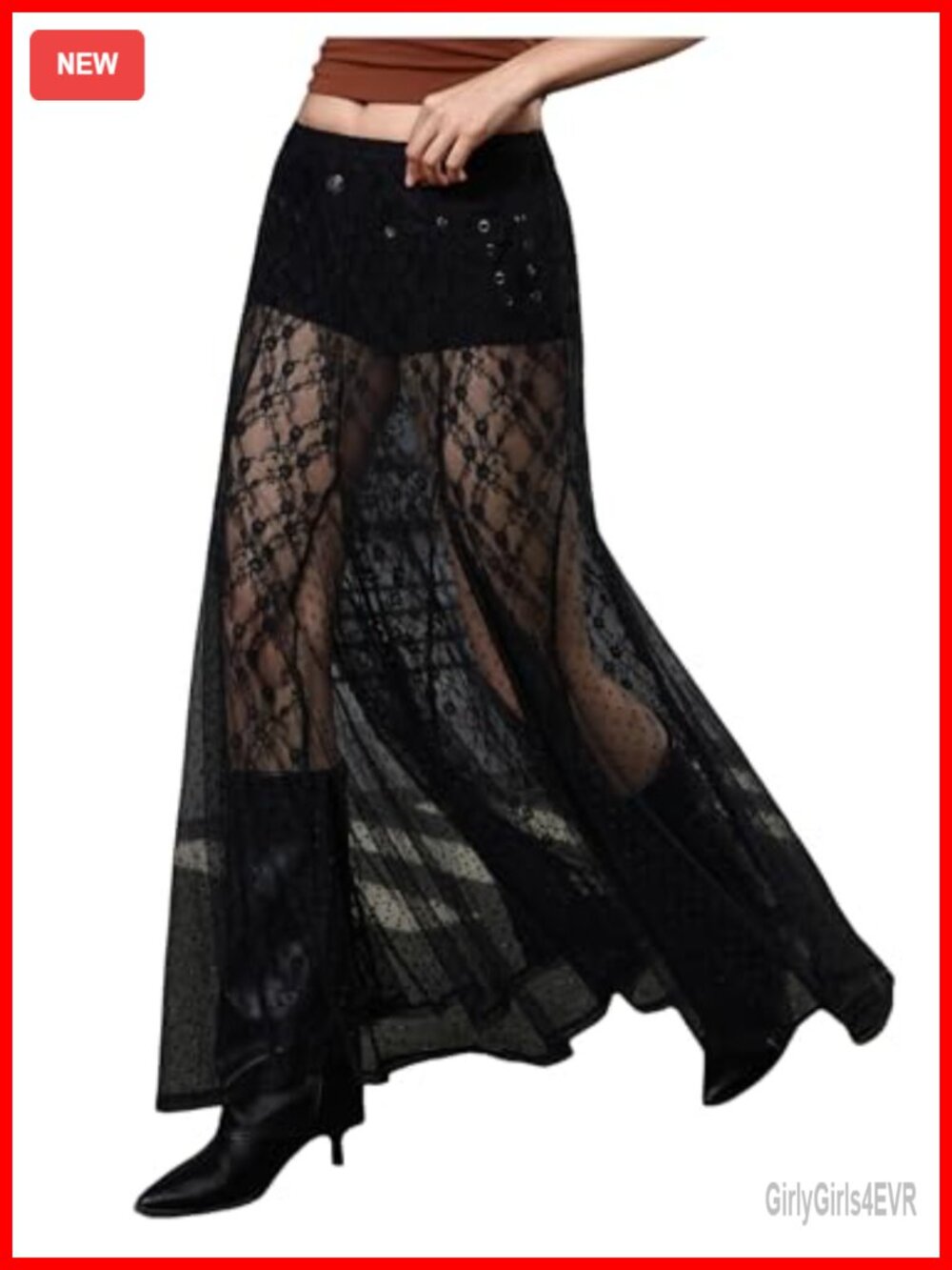 Contrast Lace Sheer Long A Line Low Waist Flared Flowy Skirt